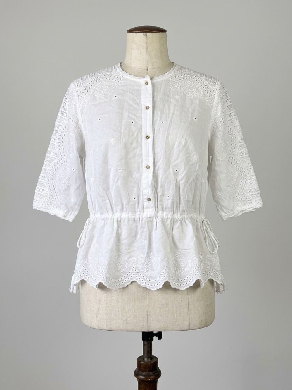 Ulla Johnson White Eyelet Drawstring Peplum Blouse with Tassels S